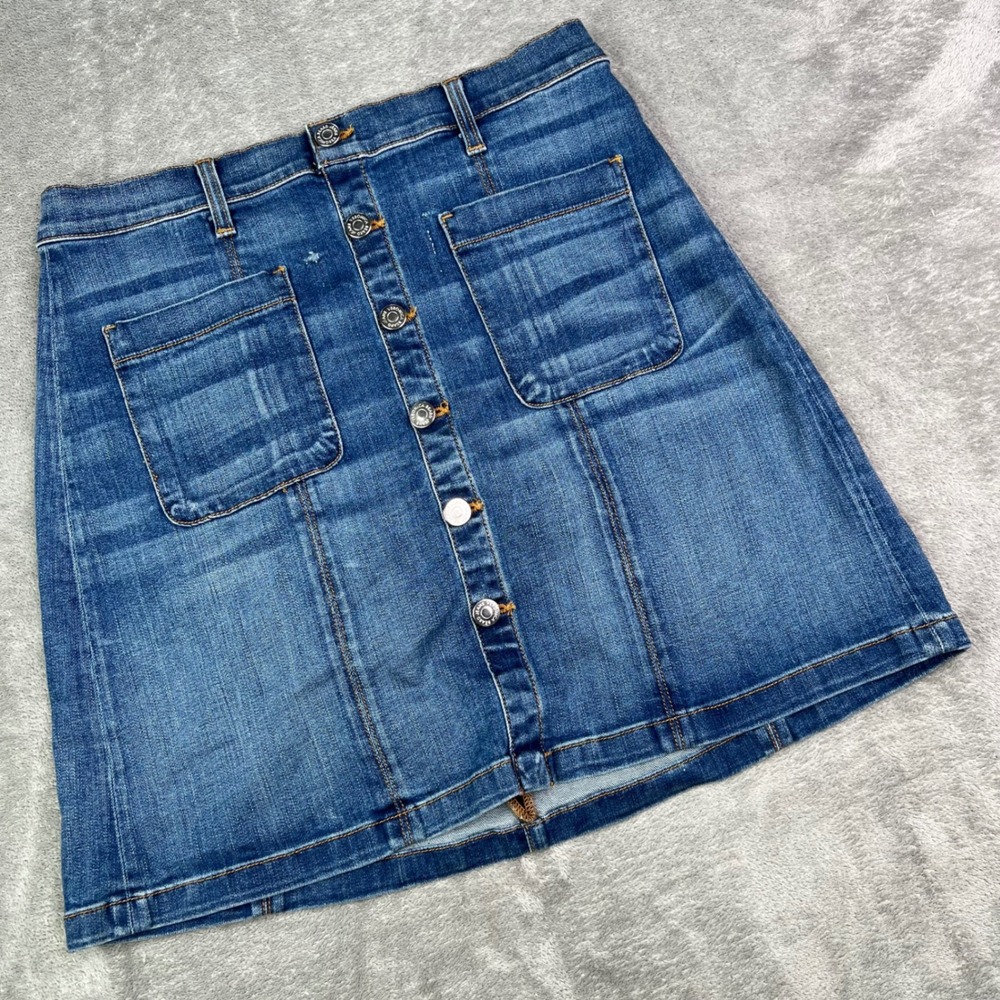 Veronica Beard Beacon Denim Mini Skirt Womens 8 Blue‎ Button Front Patch Pockets